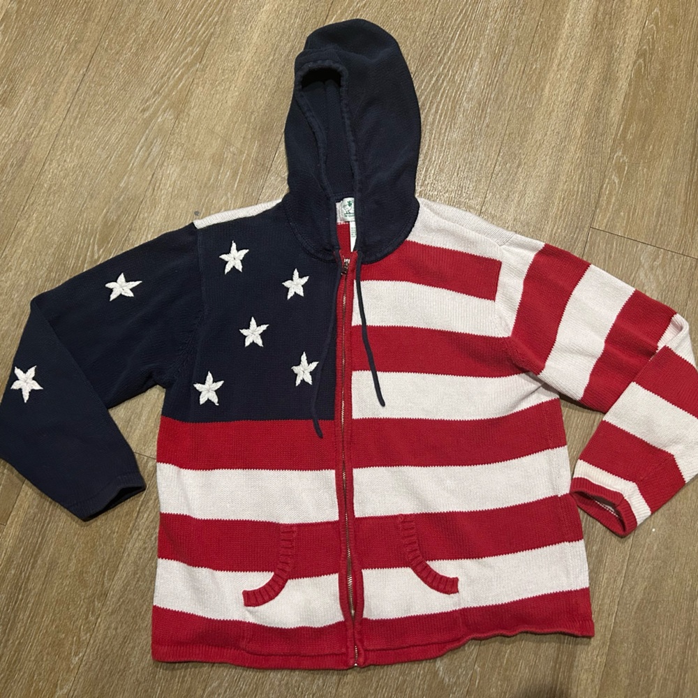 VTG Quacker Factory American Flag Knit Zip Hoodie Sweater Patriotic USA Sz Large